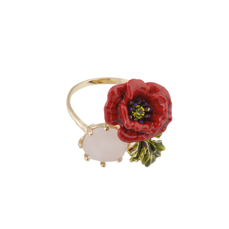 Hand Painted Enamel Glaze Corn Poppy Crystal Inlay Ring Adjustable Size