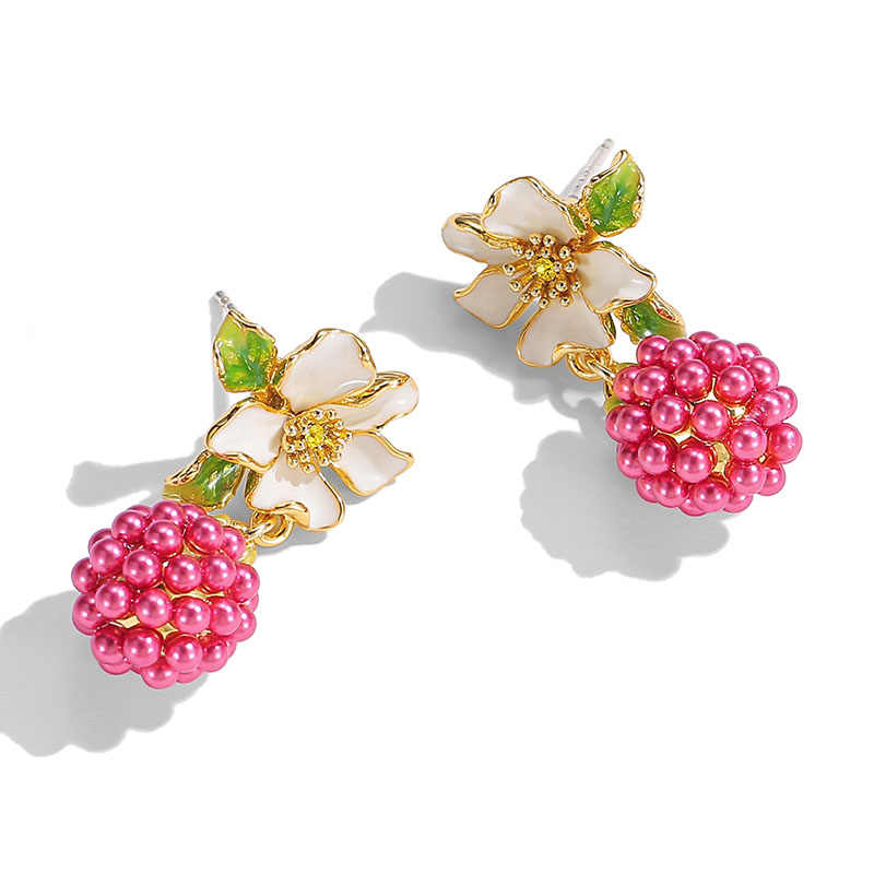 Flower With Raspberry Enamel Stud Dangle Earrings1