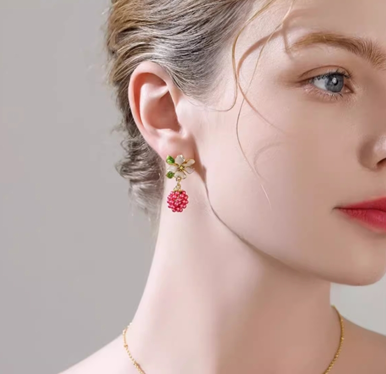 Flower With Raspberry Enamel Stud Dangle Earrings3