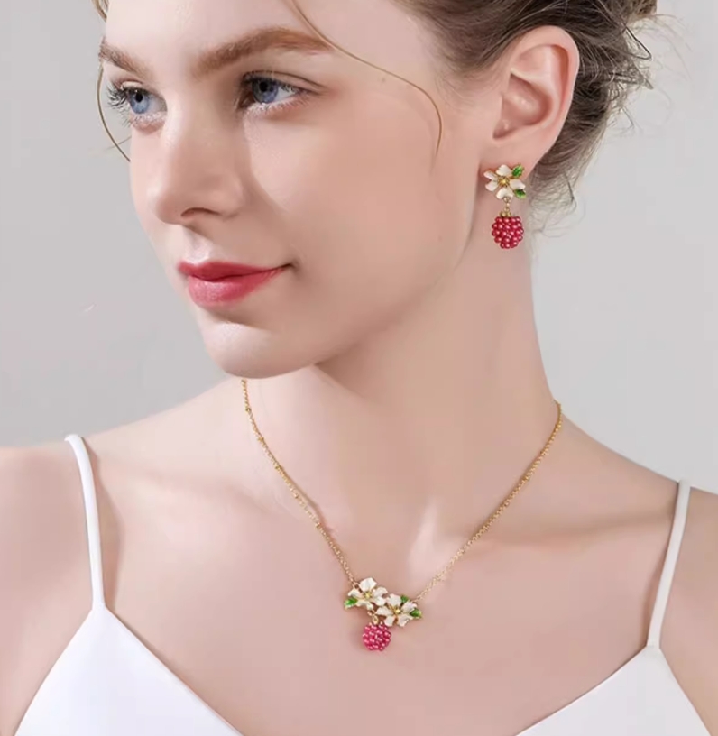 Flower With Raspberry Enamel Stud Dangle Earrings4