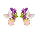 Lavender Purple Flower And Butterfly Stone Enamel Stud Earrings